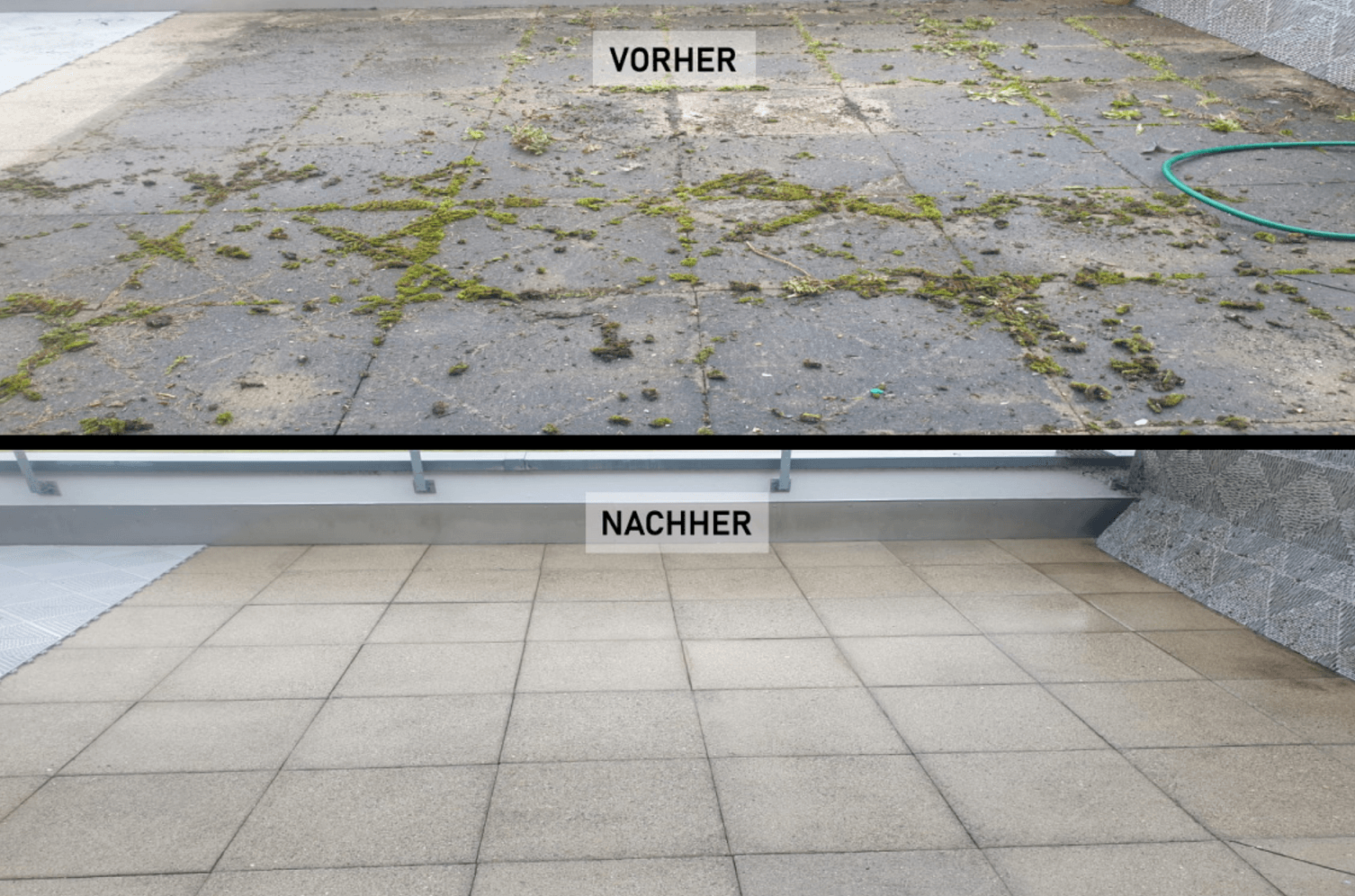 Terrasse vor und nach der Reinigung durch ReVe Hauswartung